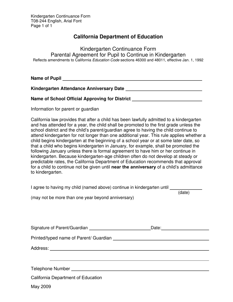 Form T08-244 Kindergarten Continuance Form - California, Page 1