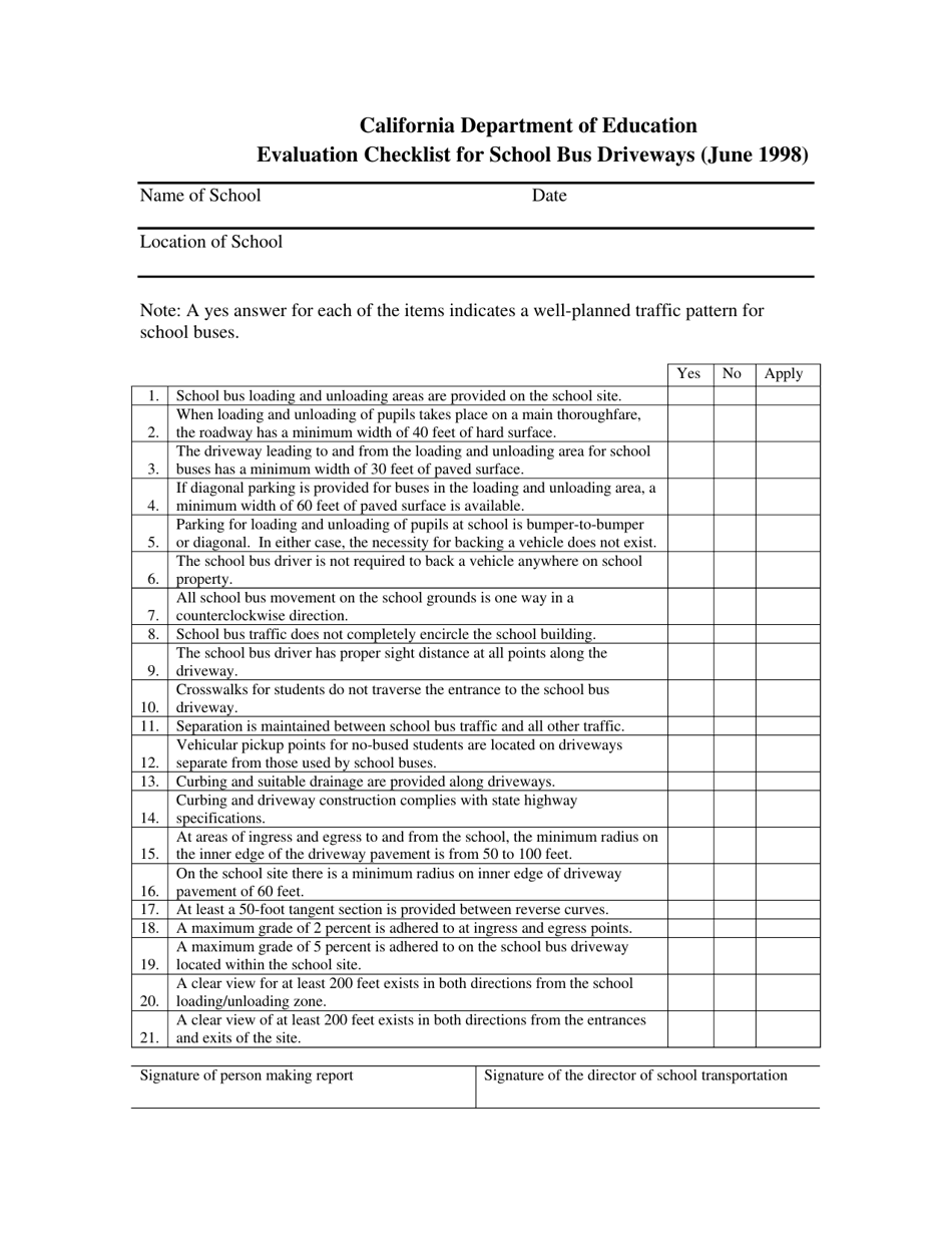 Evaluation Checklist for School Bus Driveways - California, Page 1