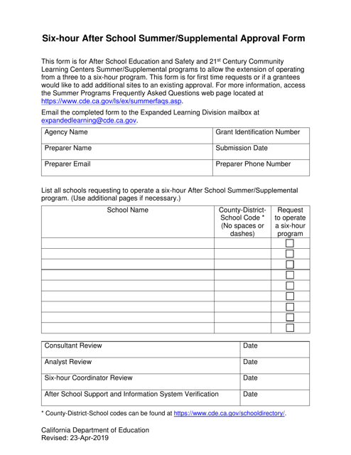 Six-Hour After School Summer / Supplemental Approval Form - California Download Pdf