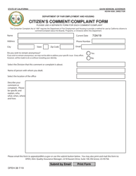 Form DFEH-38 &quot;Citizen's Comment/Complaint Form&quot; - California