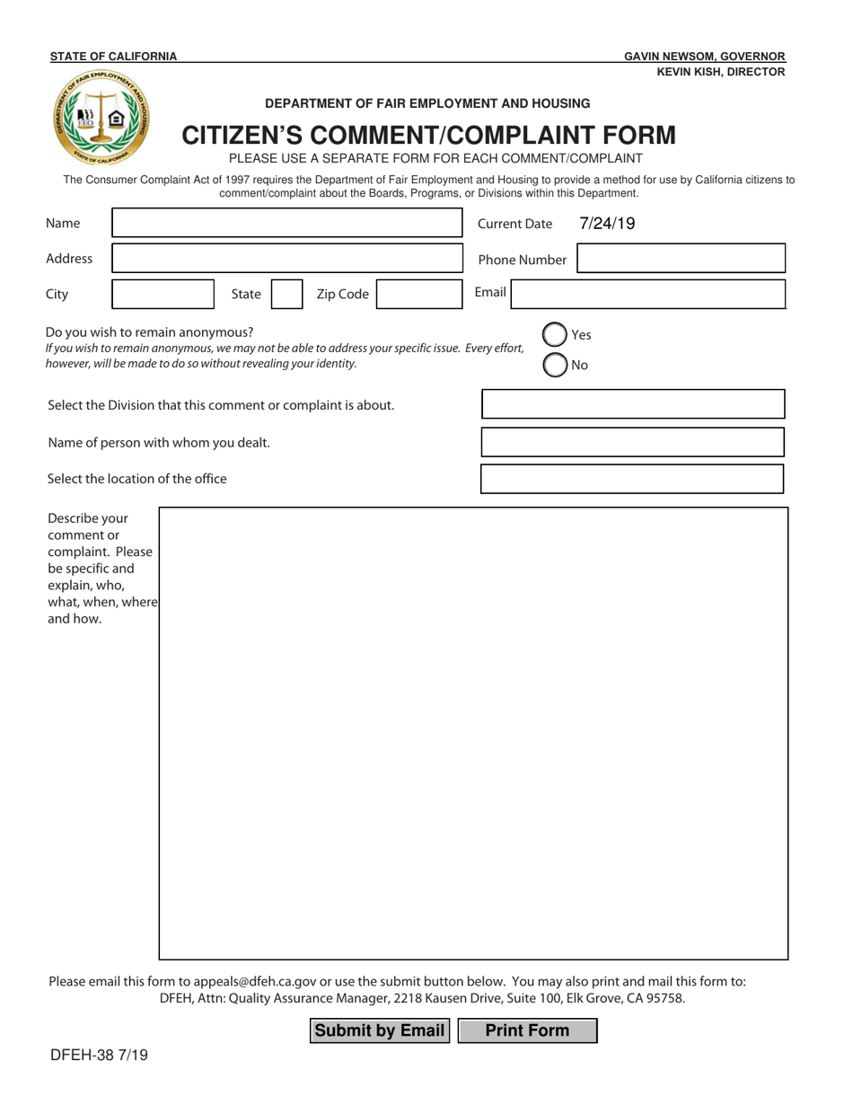 Form DFEH-38 Citizens Comment / Complaint Form - California, Page 1