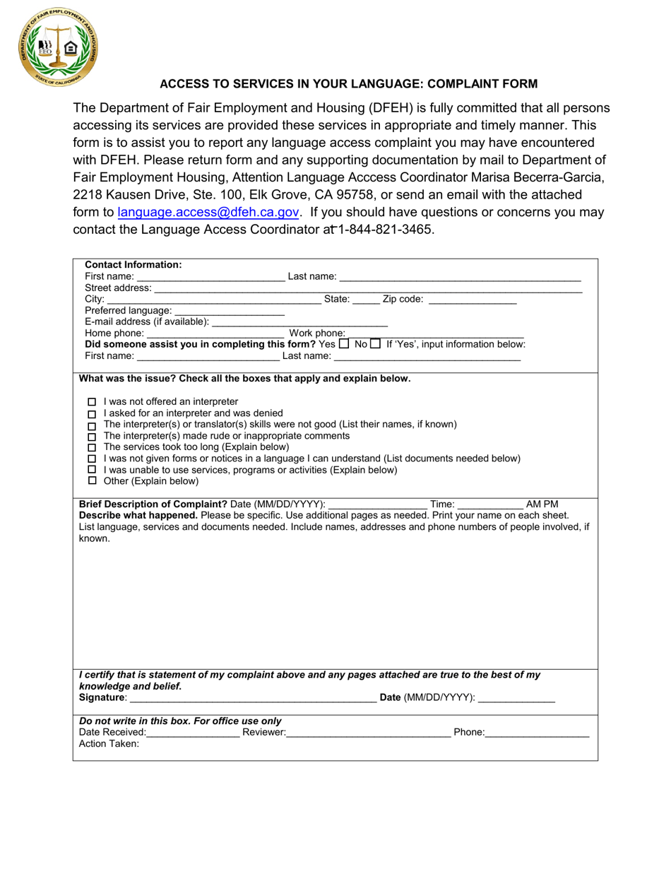 Access to Services in Your Language: Complaint Form - California, Page 1