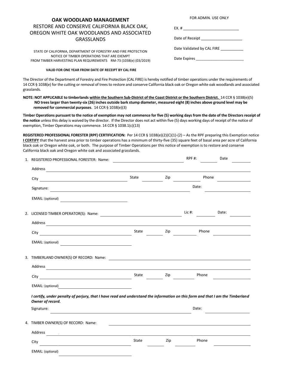 Form RM-73 (1038(E)) Oak Woodland Restoration Exemption Form - California, Page 1