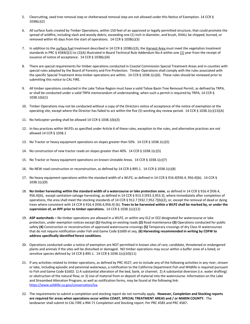 Form RM-73 (1038C) Structure Protection Exemption - Removal of Fire Hazard Trees From 0 to 150 Feet of an Approved and Legally Permitted Structure - California, Page 4