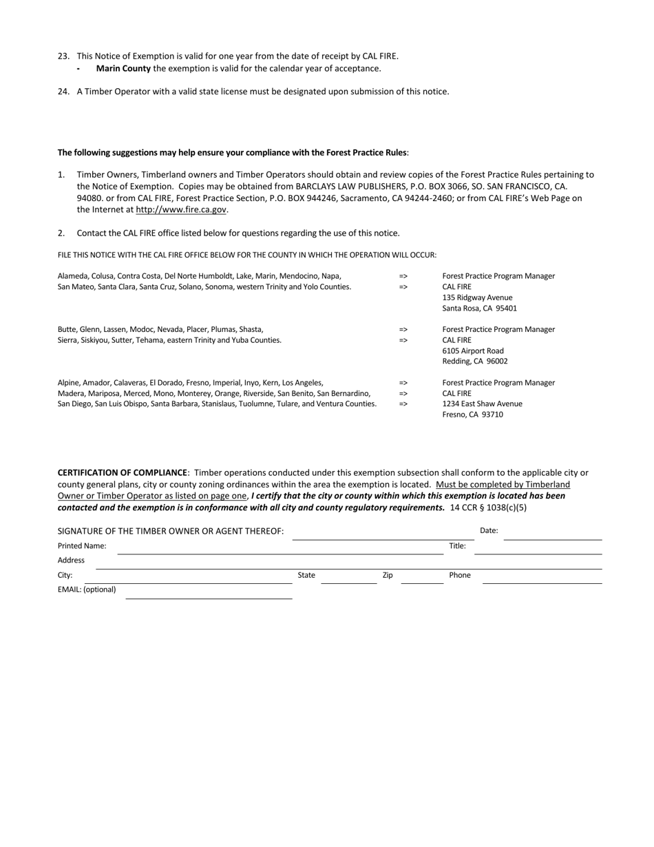 Form RM-73 (1038C) Structure Protection Exemption - Removal of Fire Hazard Trees From 0 to 150 Feet of an Approved and Legally Permitted Structure - California, Page 5