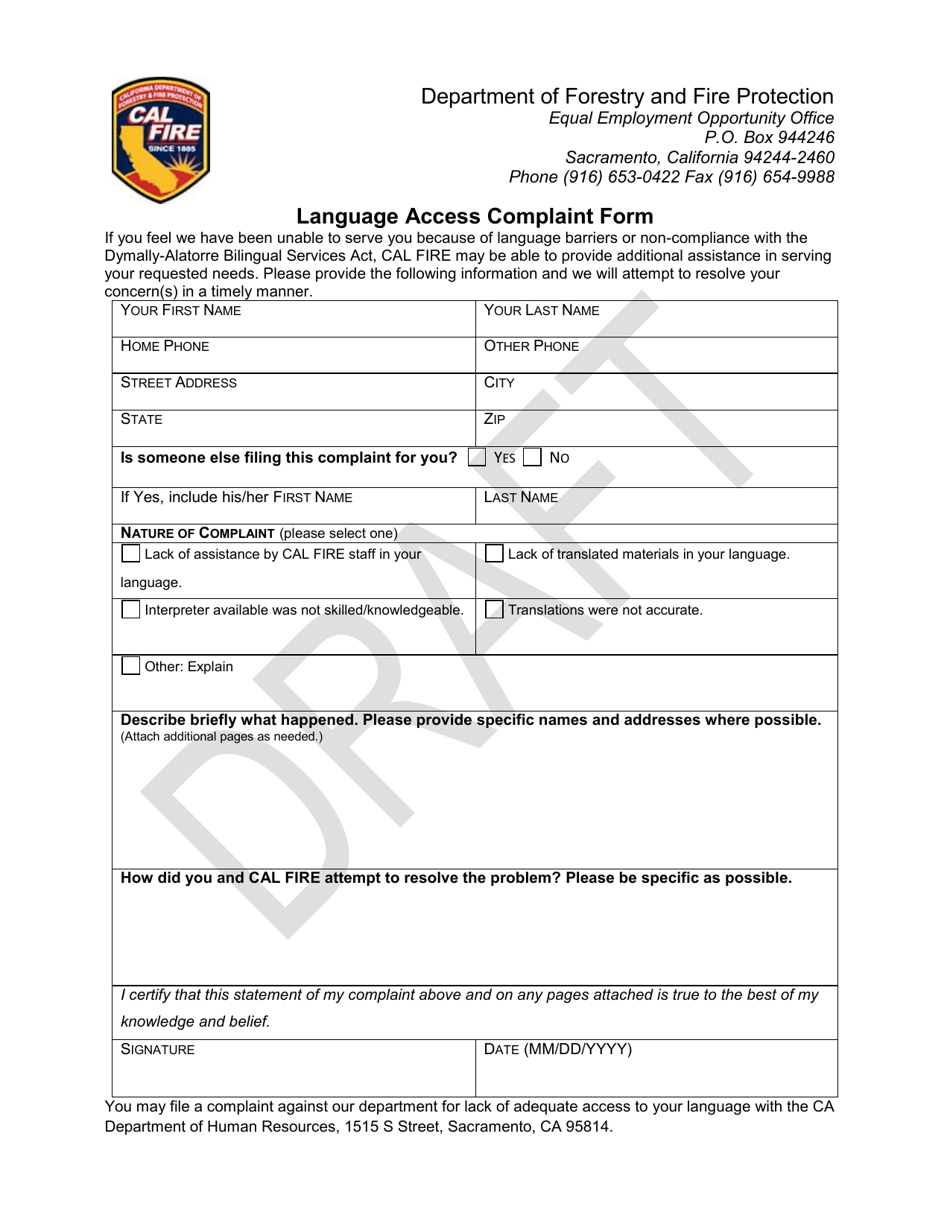 Language Access Complaint Form - Draft - California, Page 1