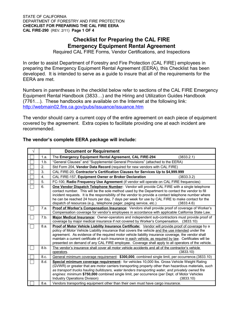 Form CAL FIRE-290 Checklist for Preparing the Cal Fire Emergency Equipment Rental Agreement - California, Page 1