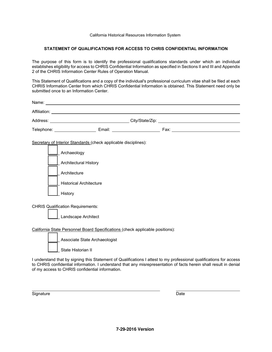 Statement of Qualifications for Access to Chris Confidential Information - California, Page 1