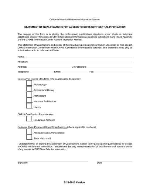 Statement of Qualifications for Access to Chris Confidential Information - California Download Pdf