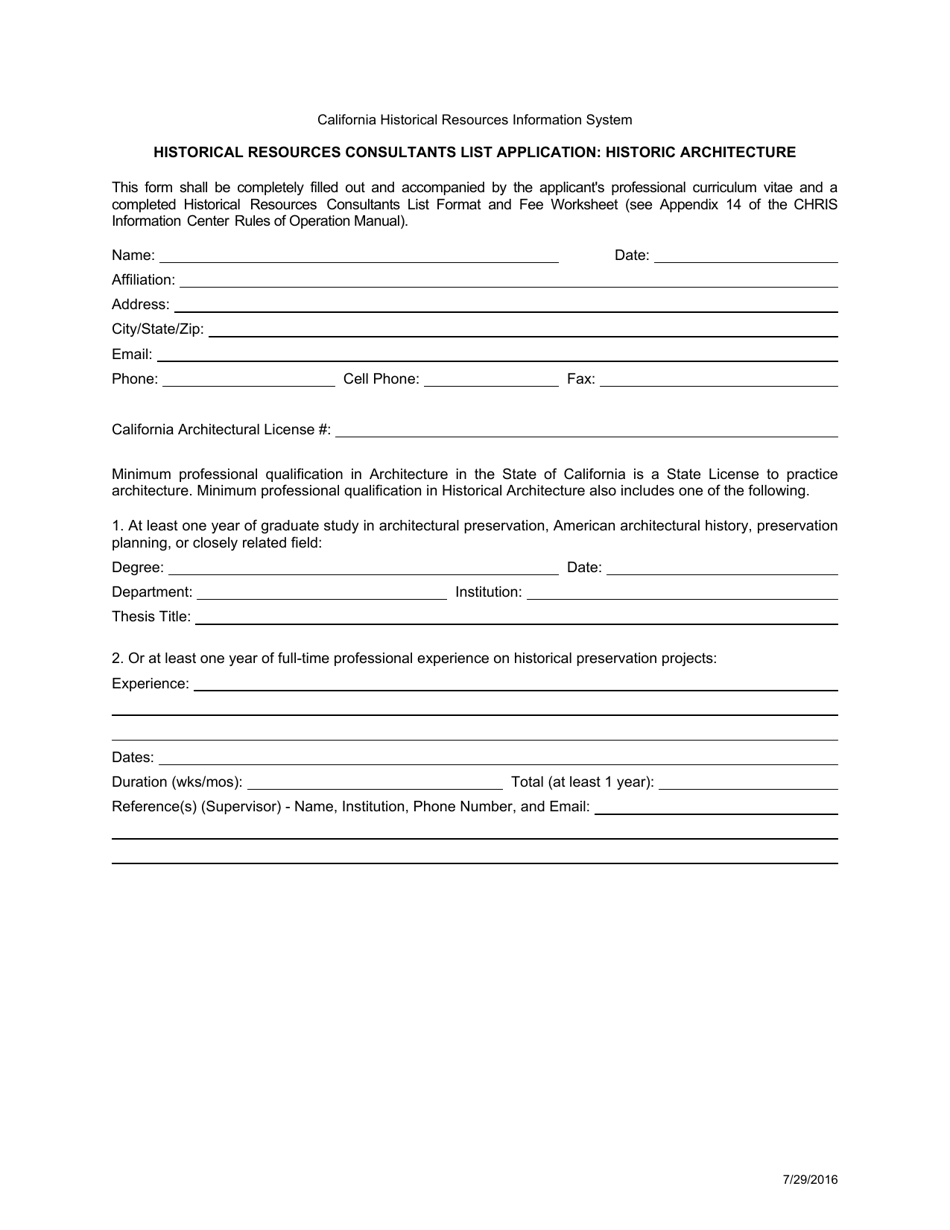 California Historical Resources Consultants List Application Historic