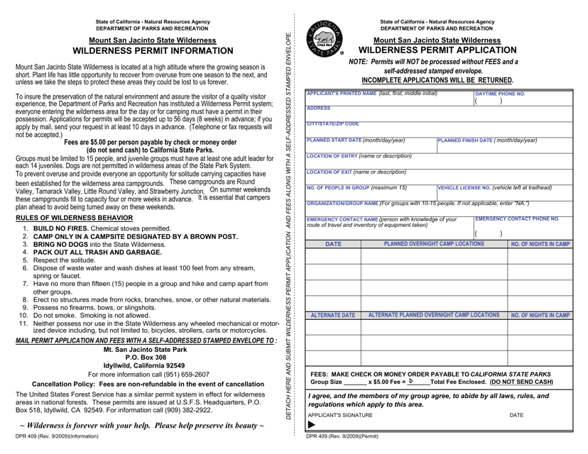 Form DPR409 Wilderness Permit Application - Mount San Jacinto State Wilderness - California