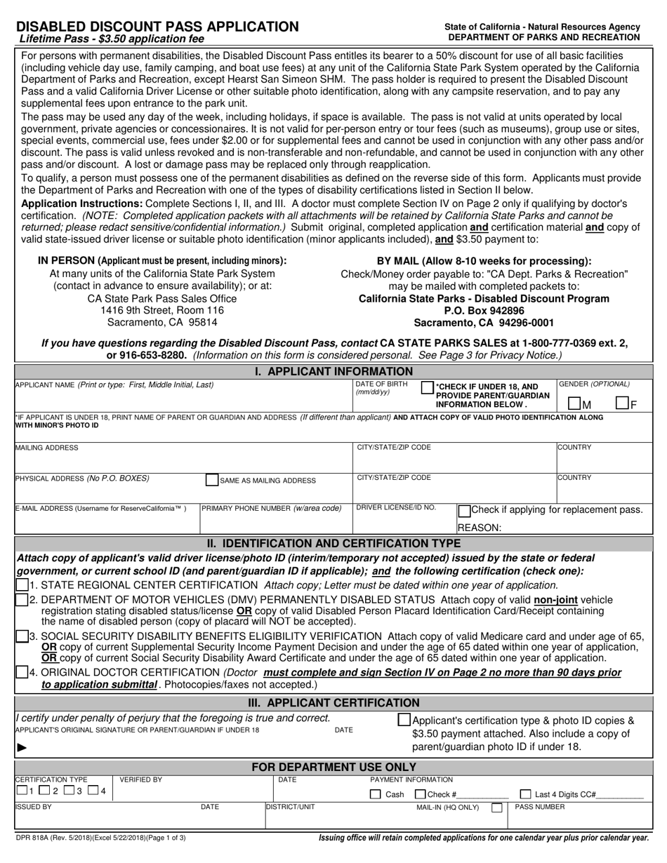 Form DPR818A Disabled Discount Pass Application - California, Page 1