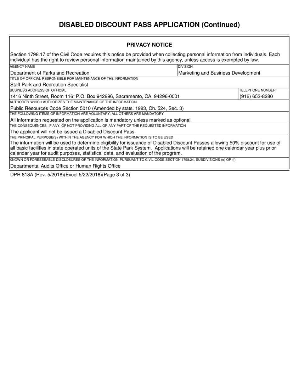 Form DPR818A Disabled Discount Pass Application - California, Page 3