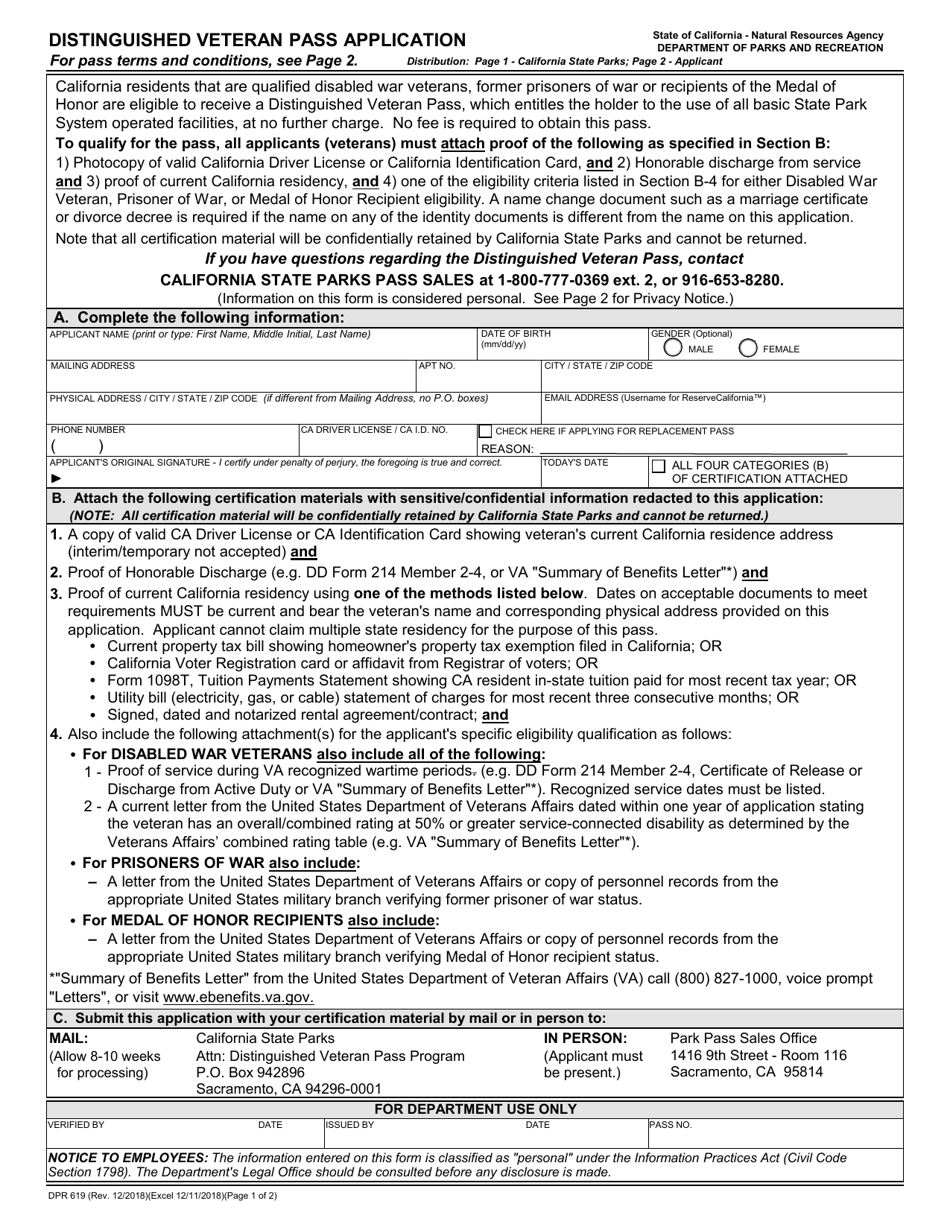 Form DPR619 Distinguished Veteran Pass Application - California, Page 1