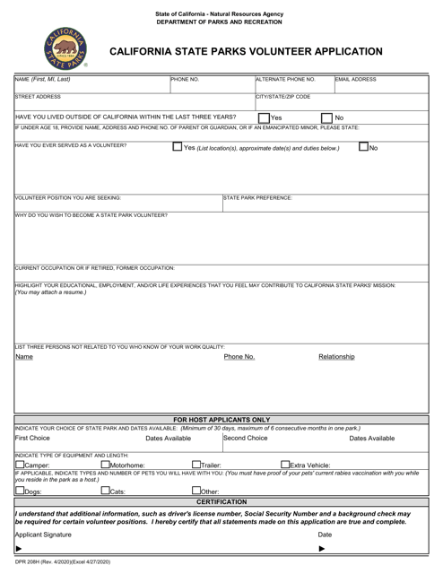 Form DPR208H California State Parks Volunteer Application - California