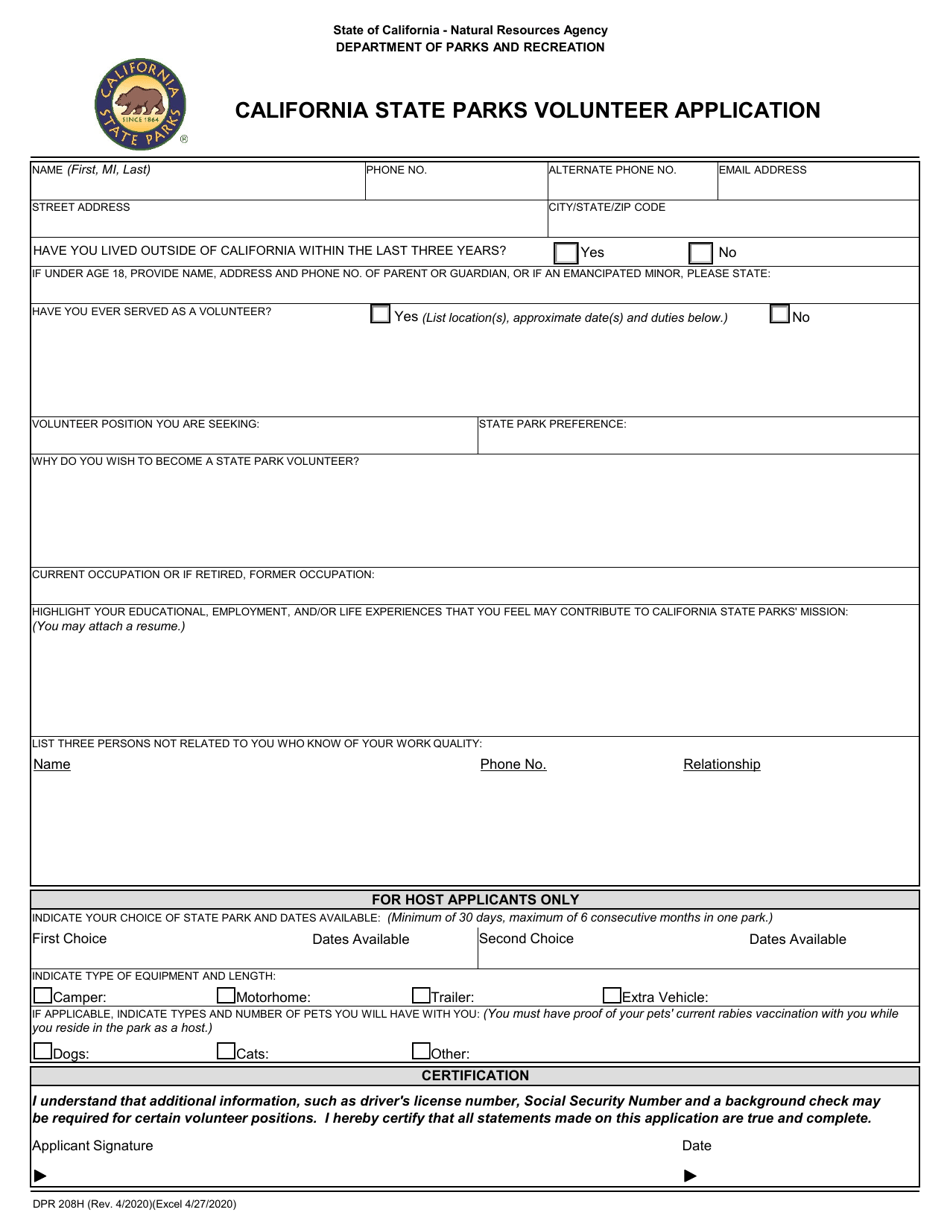 Form DPR208H California State Parks Volunteer Application - California, Page 1