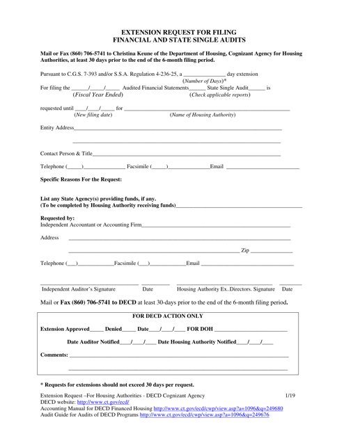 Extension Request for Filing Financial and State Single Audits - Connecticut Download Pdf