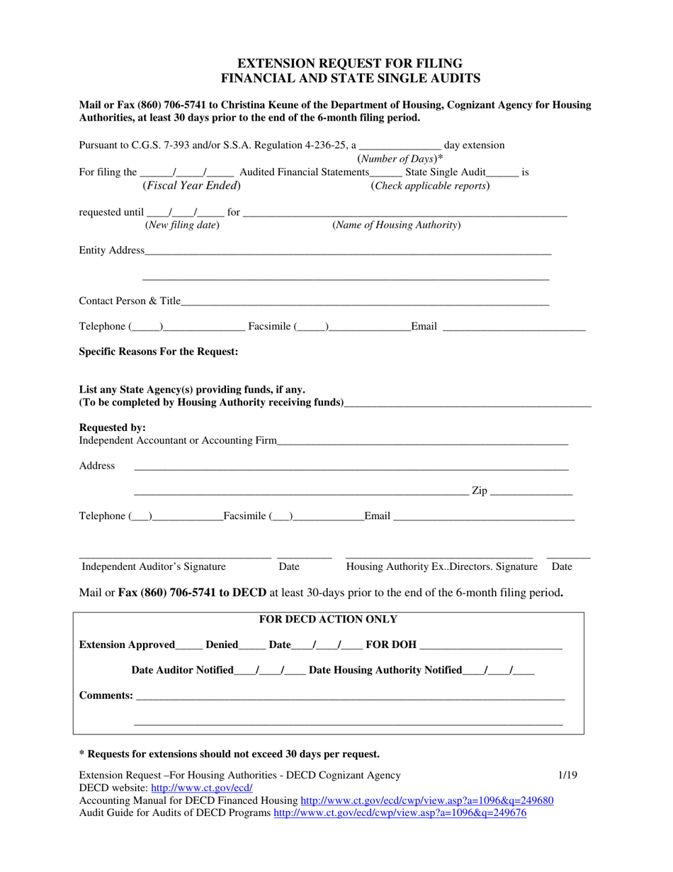 Extension Request for Filing Financial and State Single Audits - Connecticut, Page 1