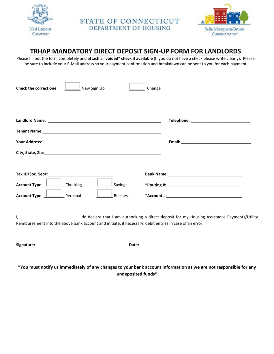 Trhap Mandatory Direct Deposit Sign-Up Form for Landlords - Connecticut, Page 1