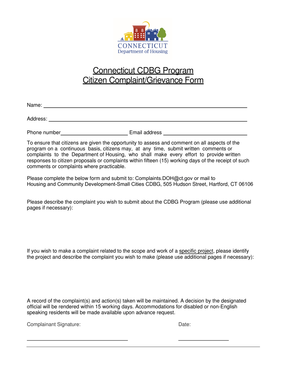 Connecticut Cdbg Program Citizen Complaint / Grievance Form - Connecticut, Page 1