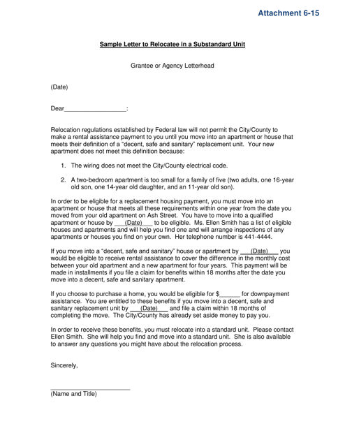 Attachment 6-15 Letter to Relocatee in a Substandard Unit - Connecticut