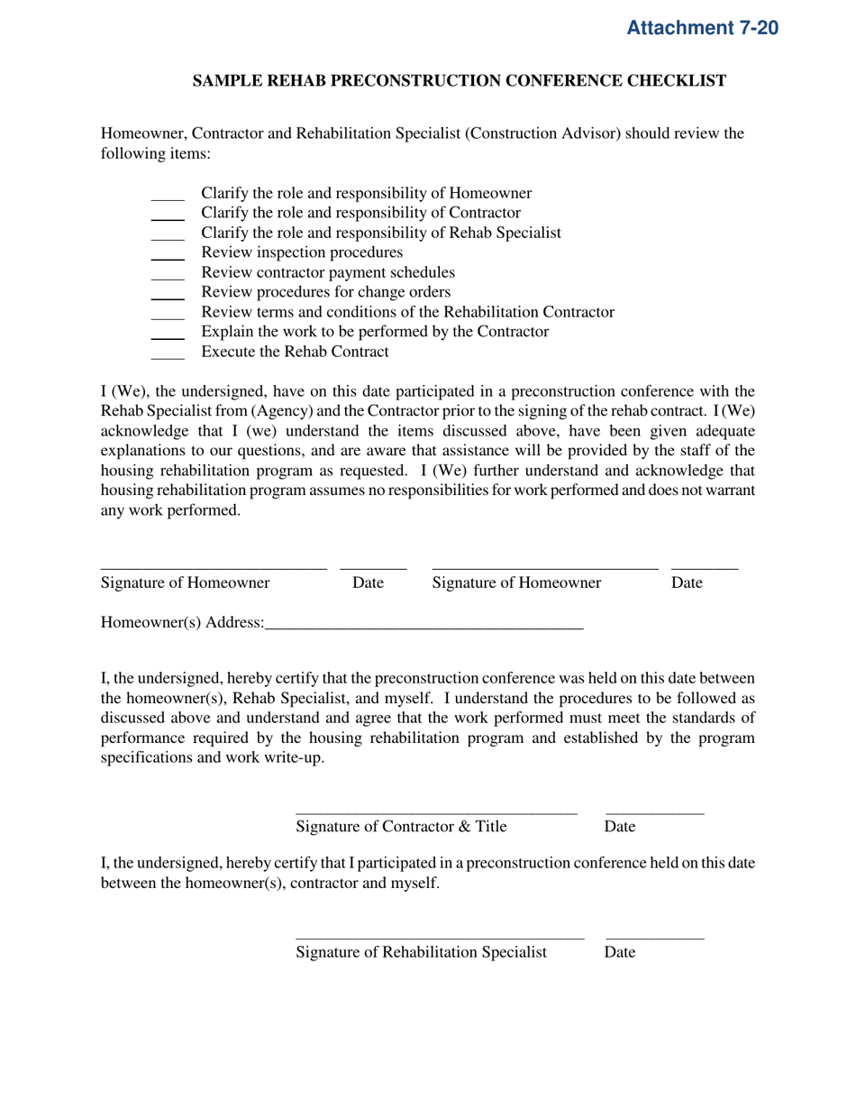 Attachment 7-20 Sample Rehab Preconstruction Conference Checklist - Connecticut, Page 1
