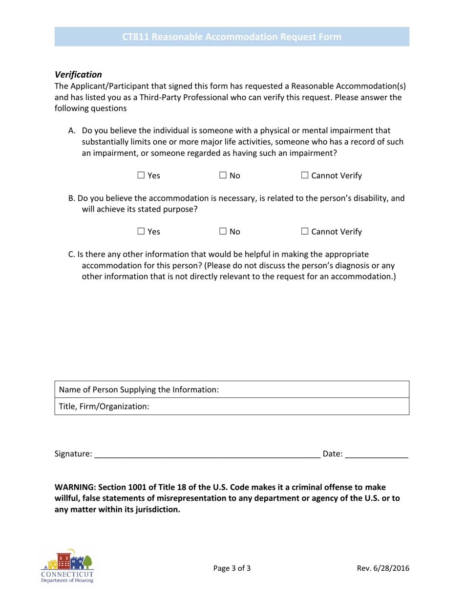 Form CT811 Reasonable Accommodation Request Form - Connecticut, Page 3