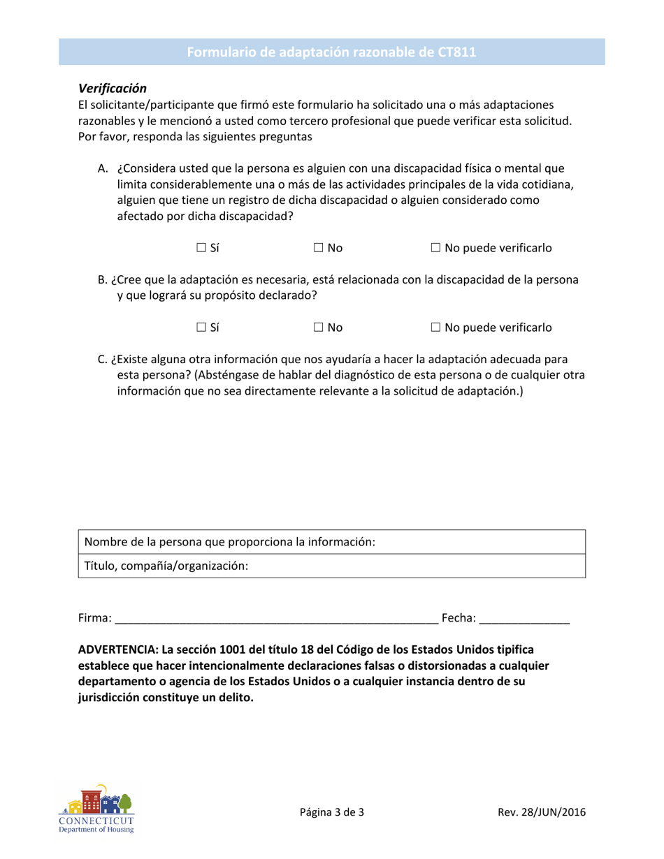 Formulario CT811 Formulario De Adaptacion Razonable - Connecticut (Spanish), Page 3