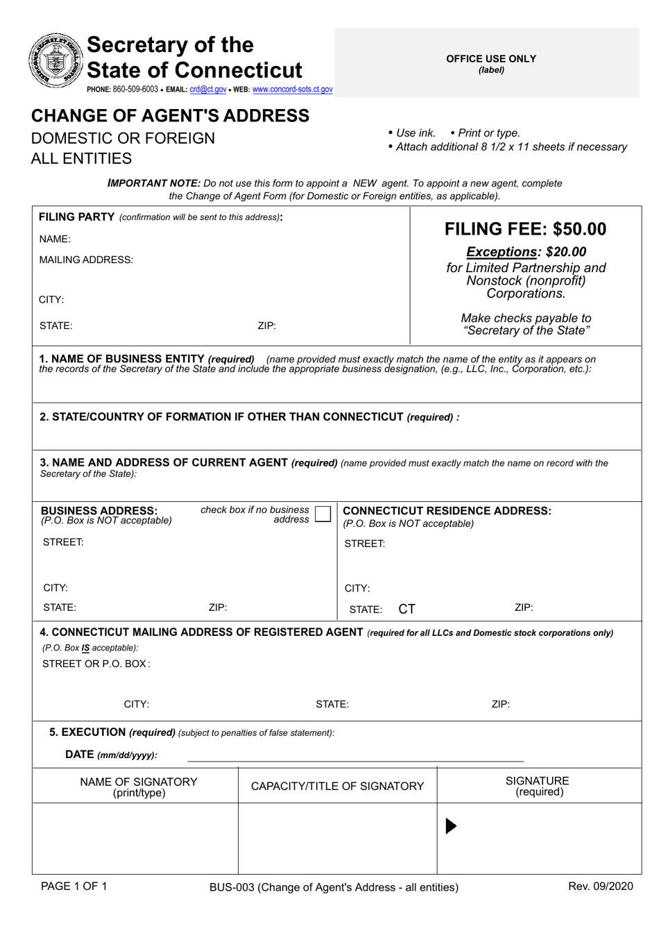 Form BUS-003 Change of Agent's Address Domestic or Foreign - All Entities - Connecticut, Page 1