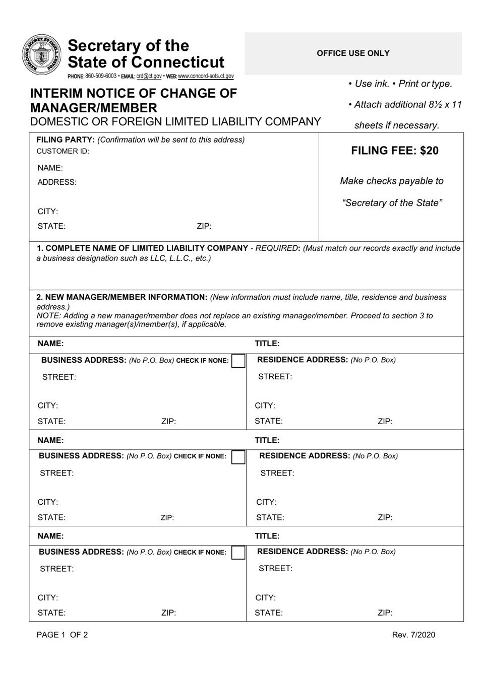 Interim Notice of Change of Manager / Member - Domestic or Foreign Limited Liability Company - Connecticut, Page 1