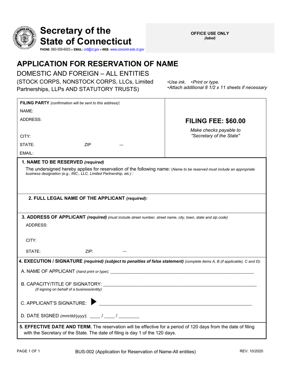 Form BUS-002 Application for Reservation of Name Domestic and Foreign - All Entities - Connecticut, Page 1