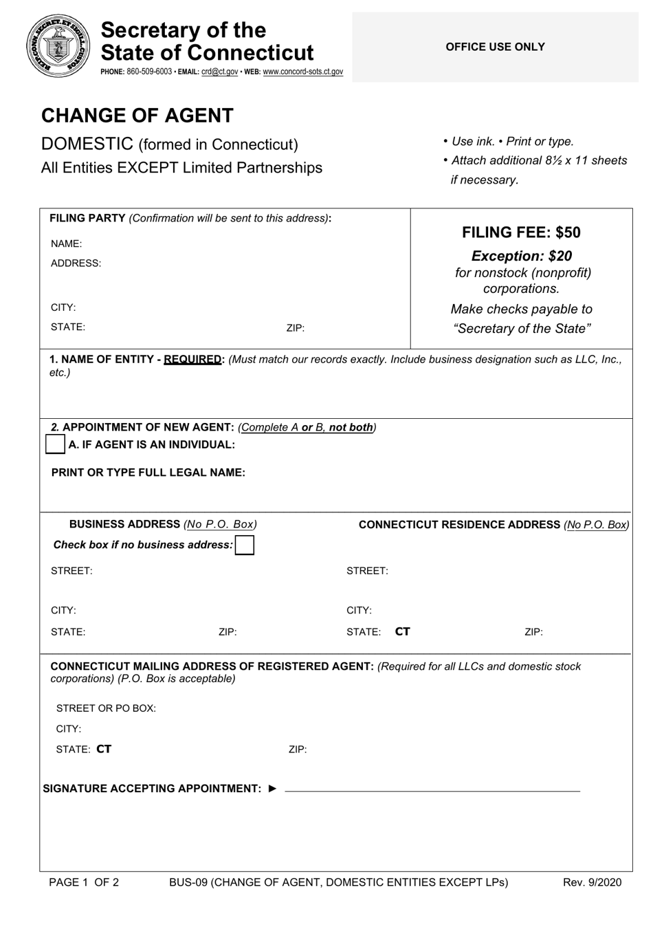 Form BUS-09 Change of Agent - Domestic (Formed in Connecticut) - All Entities Except Limited Partnerships - Connecticut, Page 1