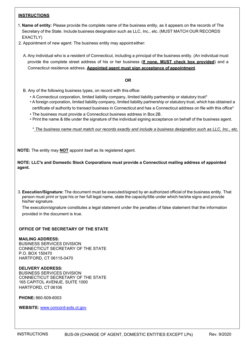 Form BUS-09 Change of Agent - Domestic (Formed in Connecticut) - All Entities Except Limited Partnerships - Connecticut, Page 3