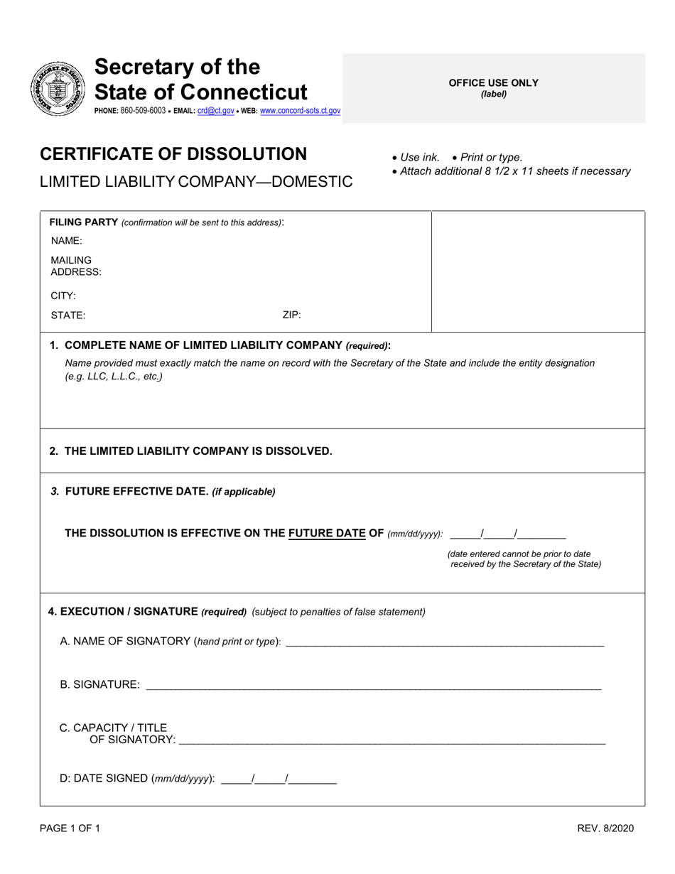 Form BUS-035 Certificate of Dissolution - Limited Liability Company - Domestic - Connecticut, Page 1
