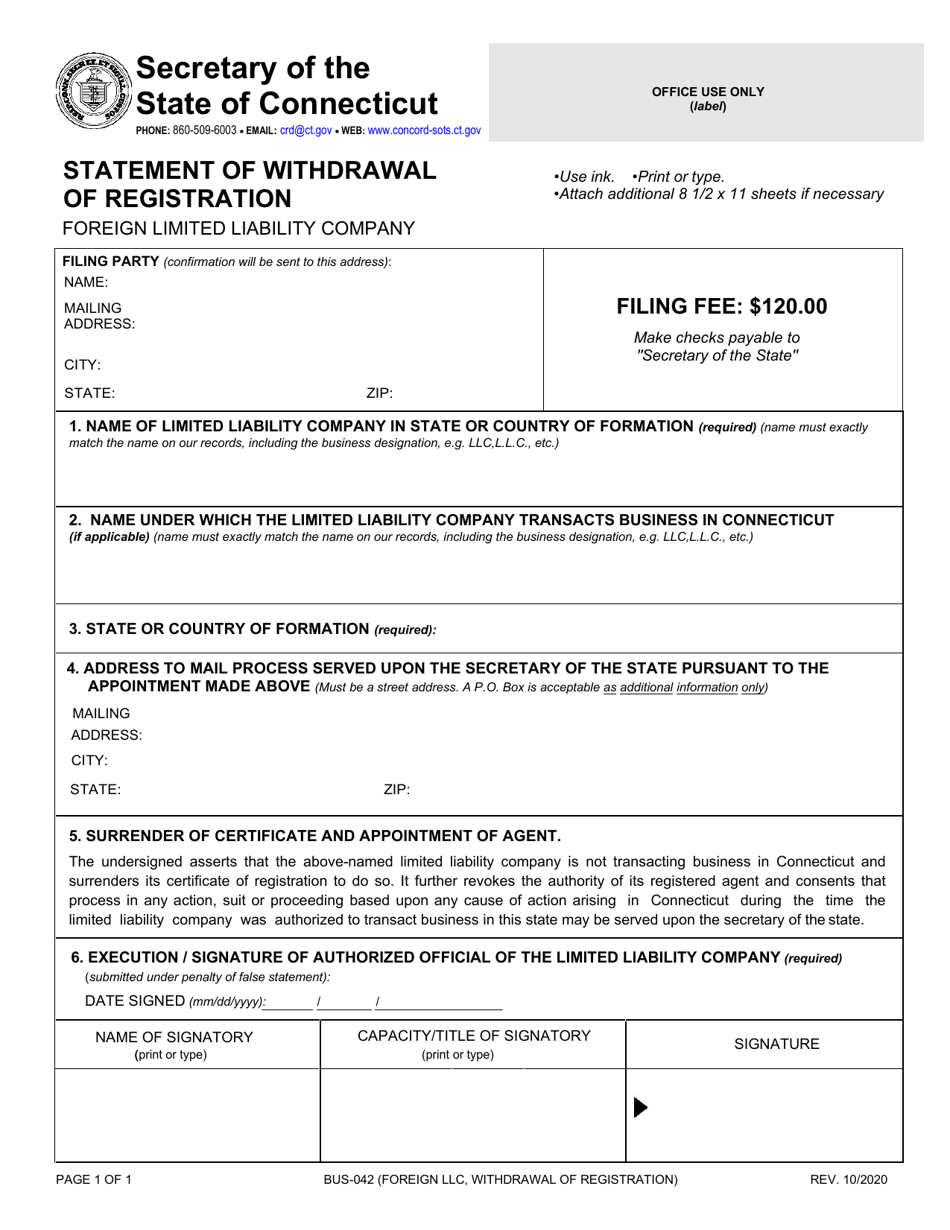 Form BUS-042 Statement of Withdrawal of Registration - Foreign Limited Liability Company - Connecticut, Page 1