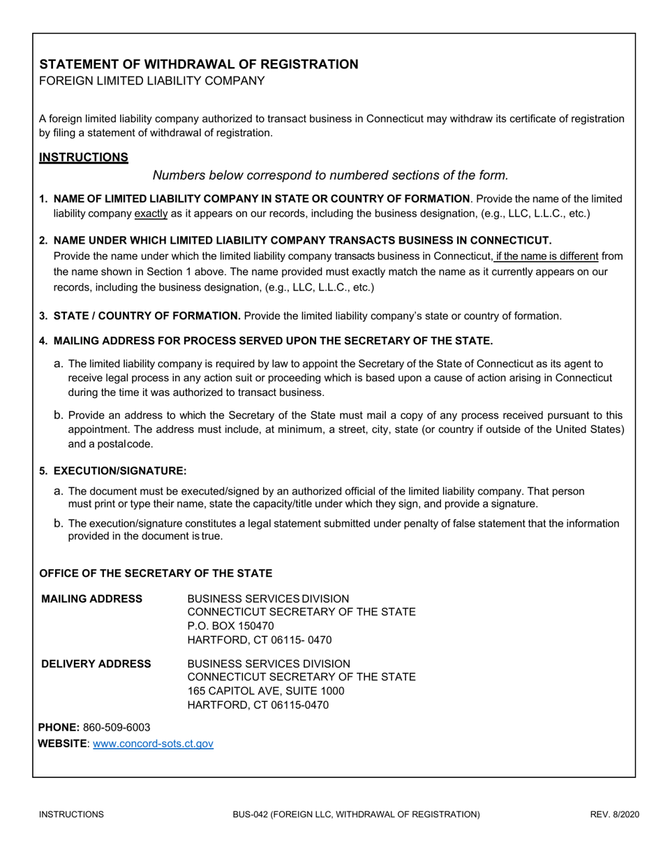 Form BUS-042 Statement of Withdrawal of Registration - Foreign Limited Liability Company - Connecticut, Page 2