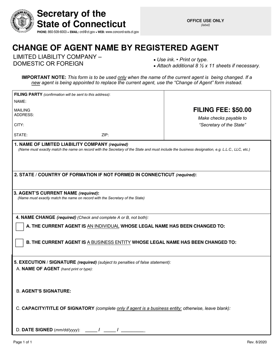 Form BUS-038 Change of Agent Name by Registered Agent - Limited Liability Company - Domestic or Foreign - Connecticut, Page 1
