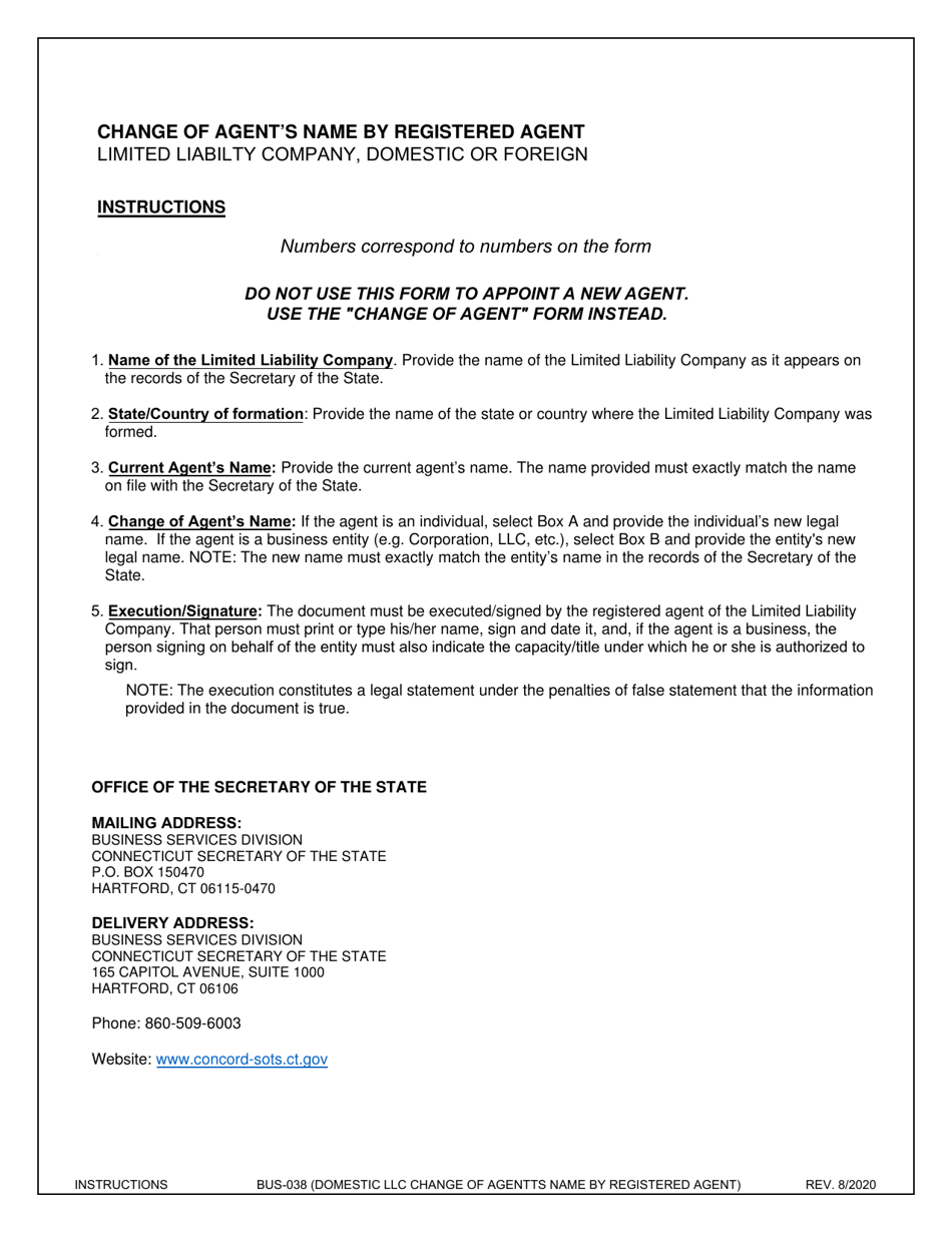 Form BUS-038 Change of Agent Name by Registered Agent - Limited Liability Company - Domestic or Foreign - Connecticut, Page 2