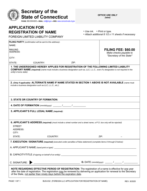Form BUS-032 Application for Registration of Name - Foreign Limited Liability Company - Connecticut