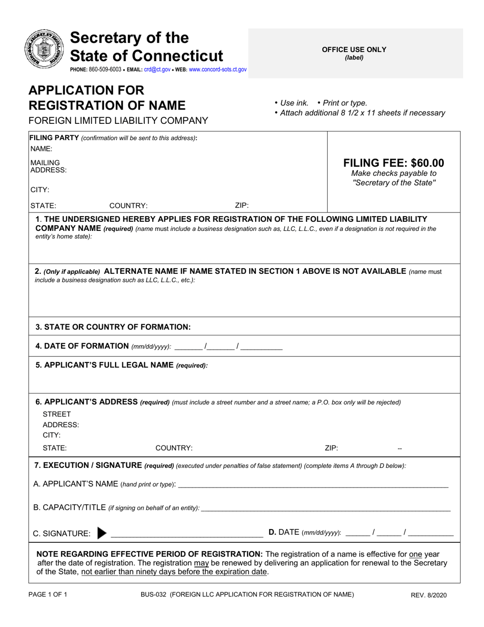 Form BUS-032 Application for Registration of Name - Foreign Limited Liability Company - Connecticut, Page 1
