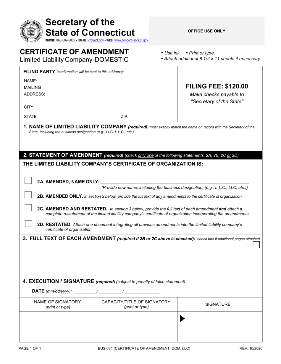 Form BUS-034 Certificate of Amendment - Limited Liability Company - Domestic - Connecticut, Page 1