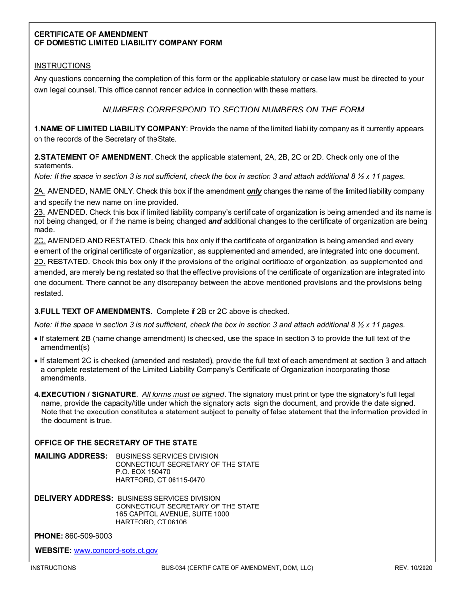 Form BUS-034 Certificate of Amendment - Limited Liability Company - Domestic - Connecticut, Page 2