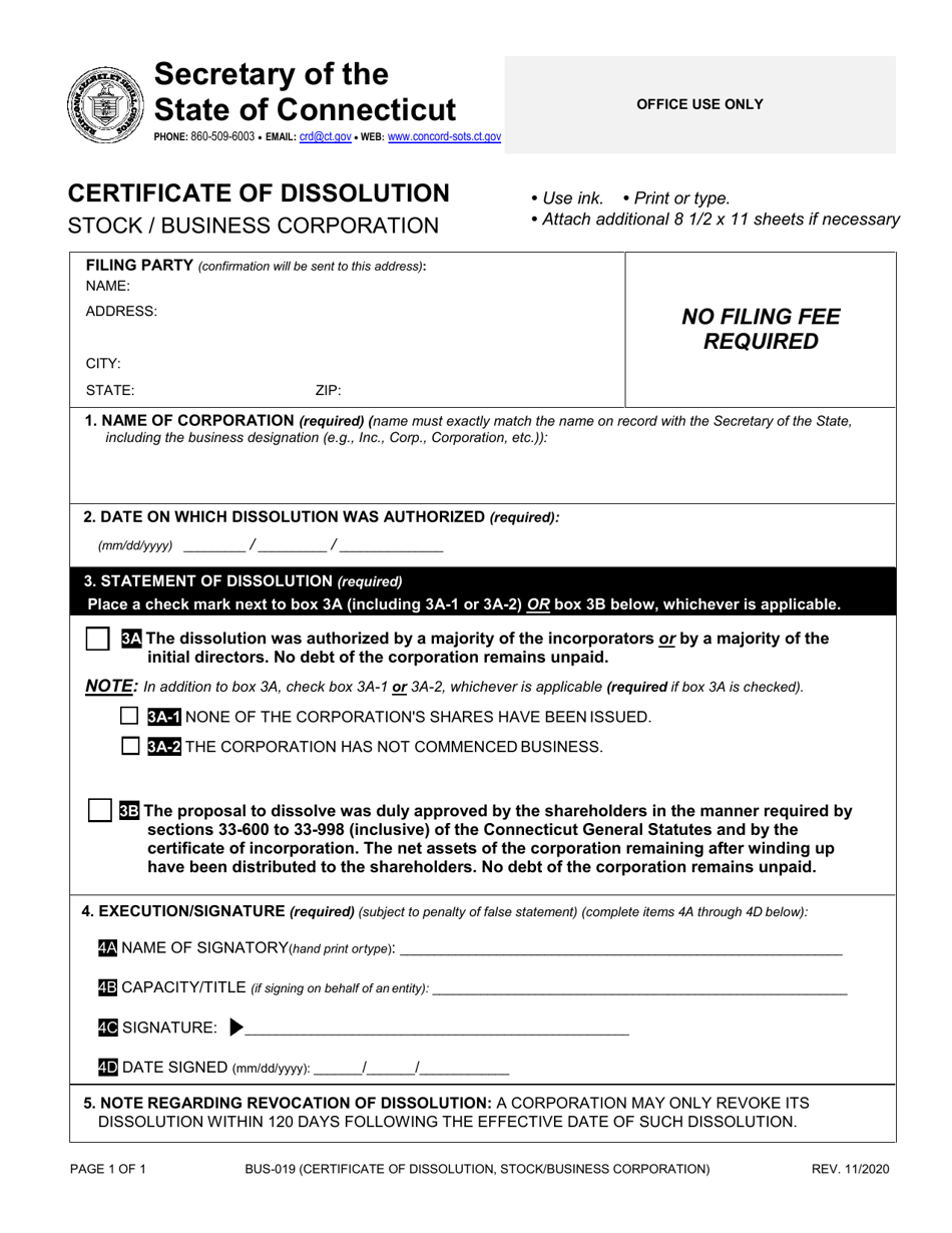 Form BUS-019 Certificate of Dissolution - Stock / Business Corporation - Connecticut, Page 1