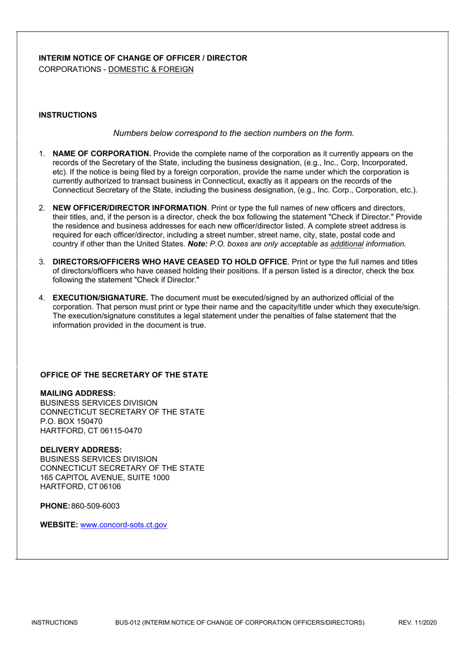 Form BUS-012 Interim Notice of Change of Officer / Director - Domestic or Foreign Corporations - Connecticut, Page 3