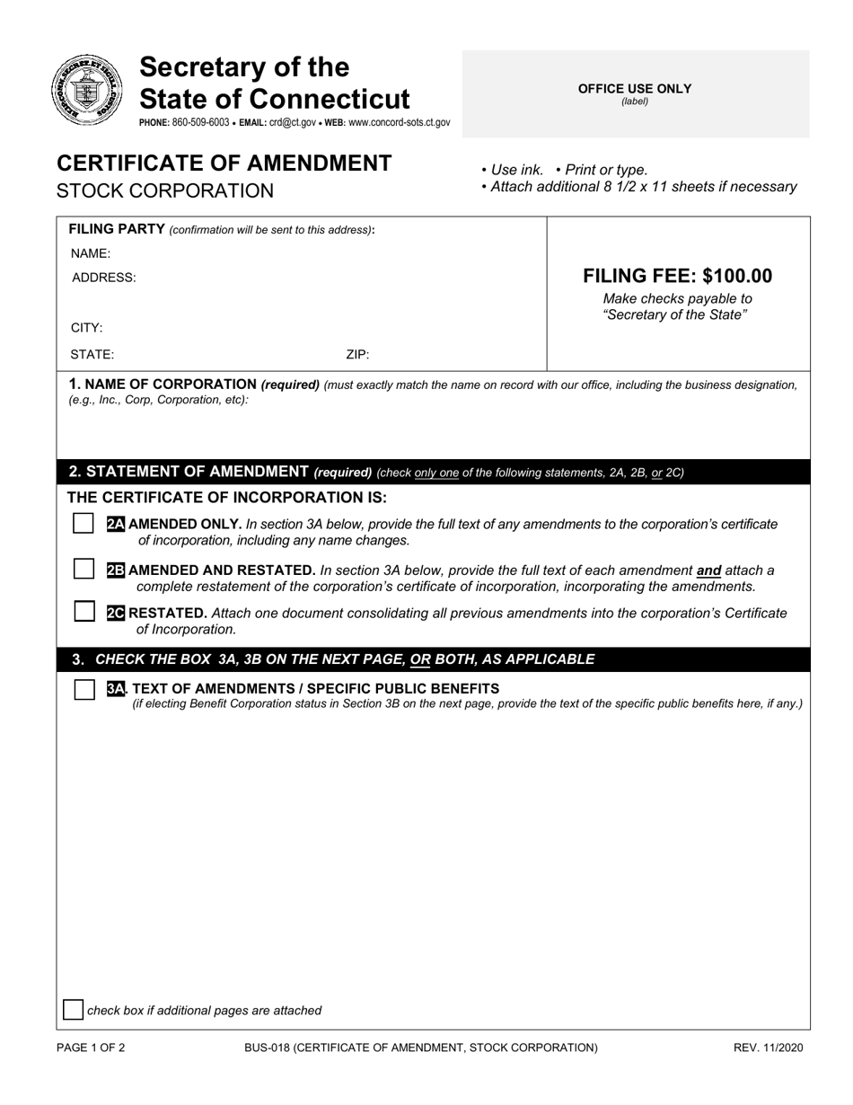 Form BUS-018 Certificate of Amendment - Stock Corporation - Connecticut, Page 1