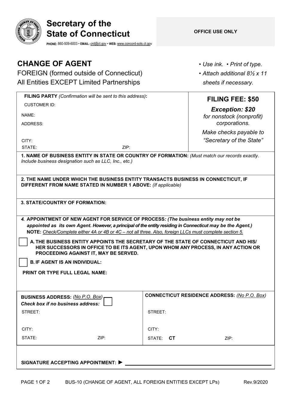 Form BUS-10 Change of Agent - Foreign (Formed Outside of Connecticut) - All Entities Except Limited Partnerships - Connecticut, Page 1