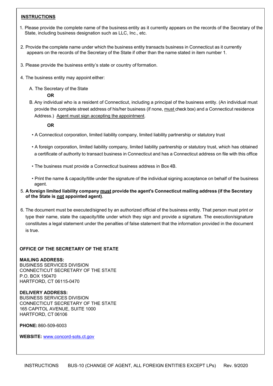 Form BUS-10 Change of Agent - Foreign (Formed Outside of Connecticut) - All Entities Except Limited Partnerships - Connecticut, Page 3