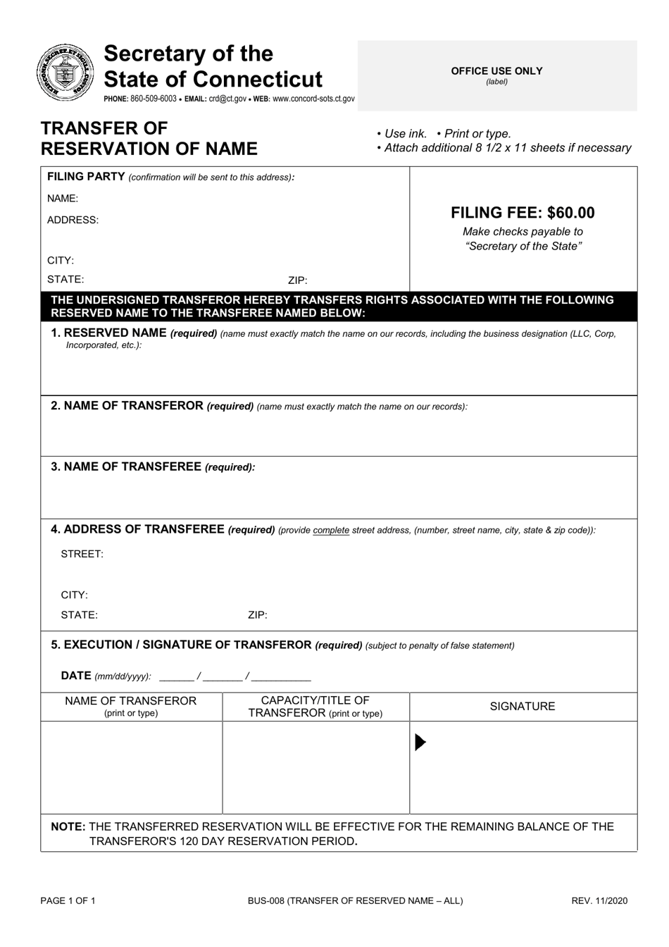 Form BUS-008 Transfer of Reservation of Name - Connecticut, Page 1
