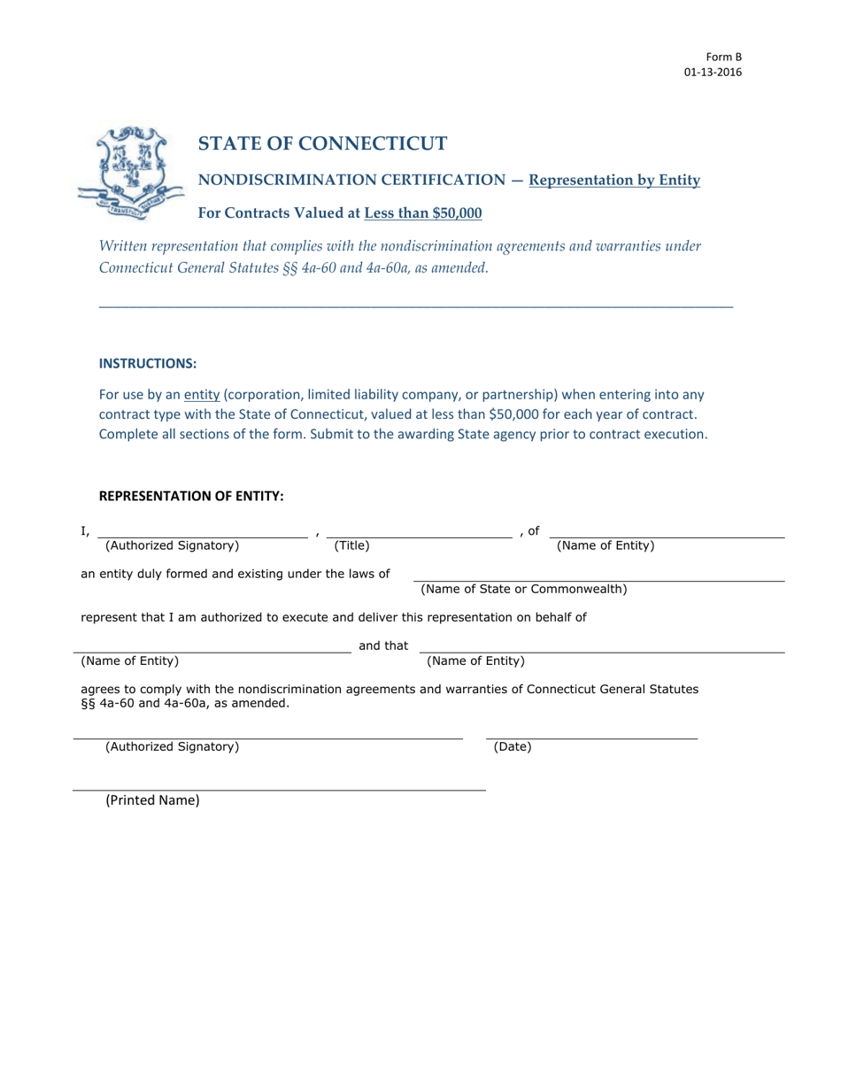 Form B Nondiscrimination Certification - Representation by Entity - Connecticut, Page 1