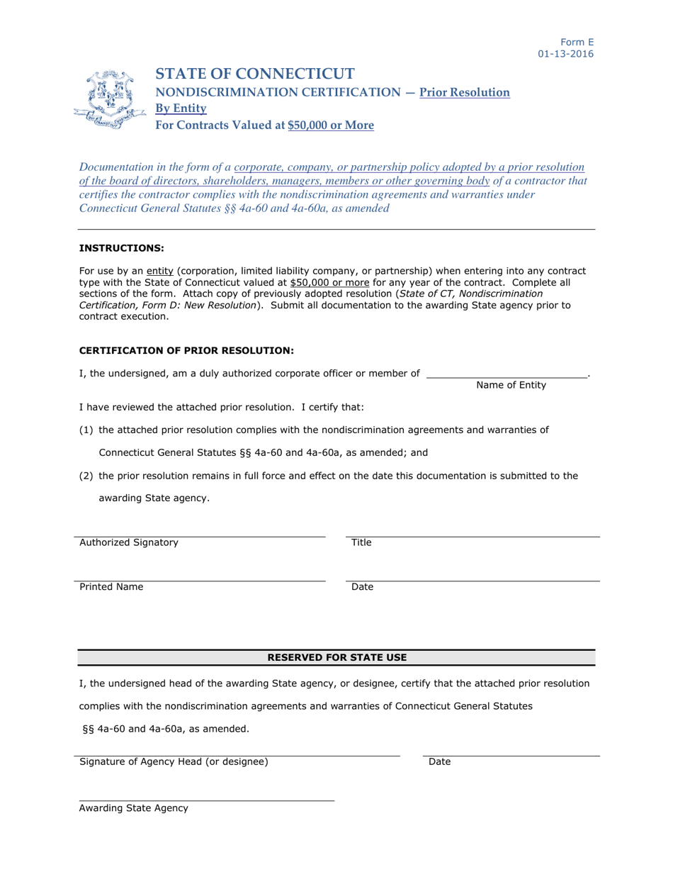 Form E Nondiscrimination Certification - Prior Resolution by Entity - Connecticut, Page 1